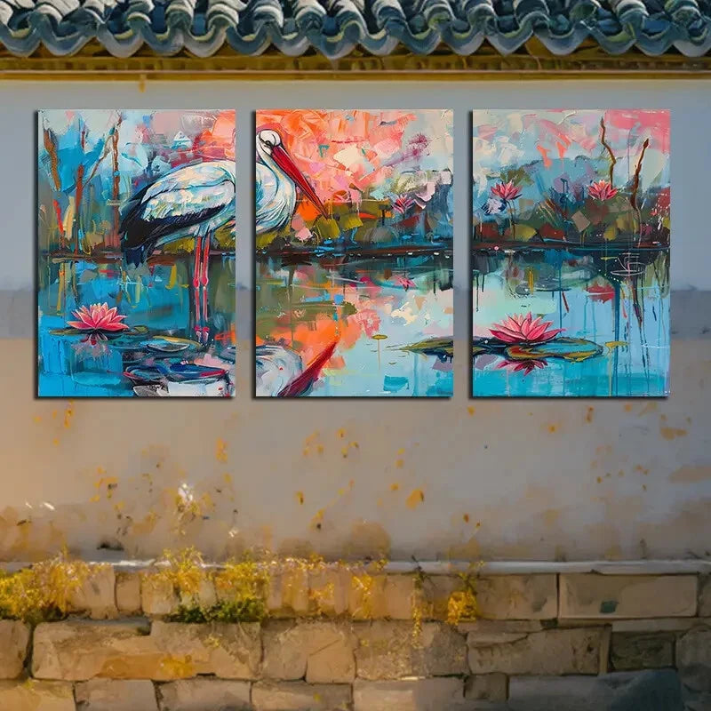 3pcs Storks Foraging in Swamp Water Metal Print Ready to Hang Art - Bella Home Decor