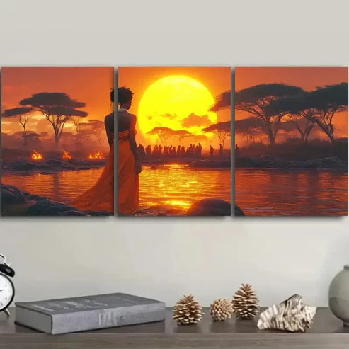 3pcs Woman'S Silhouette at Sunset Scene Wall Art Set Canvas Unframed - High Quality Print 100% Australian Made Wall Canvas - Bella Home Decor