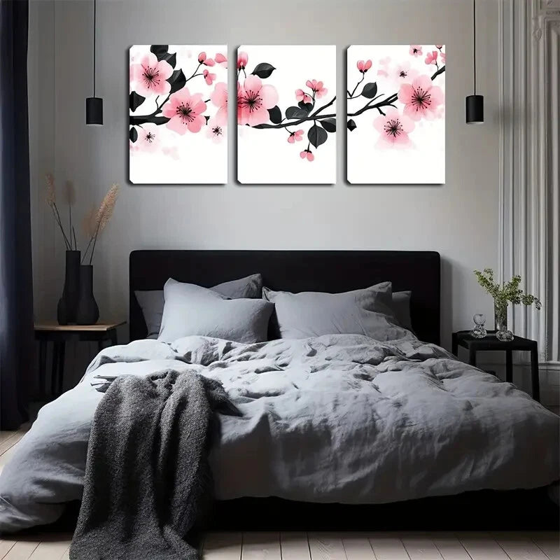 3pcs ink Flowers Black Stamens Modern Wall Art Set Canvas Framed 40x60cm - High Quality Print 100% Australian Made Wall Canvas Ready to Hang