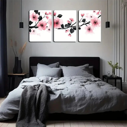 3pcs ink Flowers Black Stamens Modern Wall Art Set Canvas Framed 40x60cm - High Quality Print 100% Australian Made Wall Canvas Ready to Hang