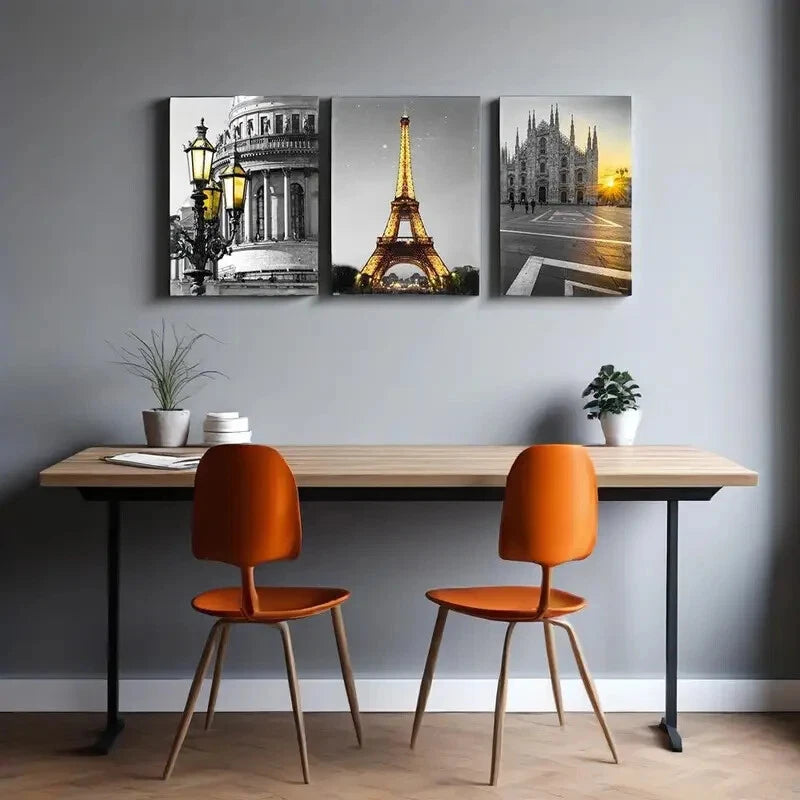 3pcs v Black and white Architectural Landscape Metal Print Ready to Hang Art