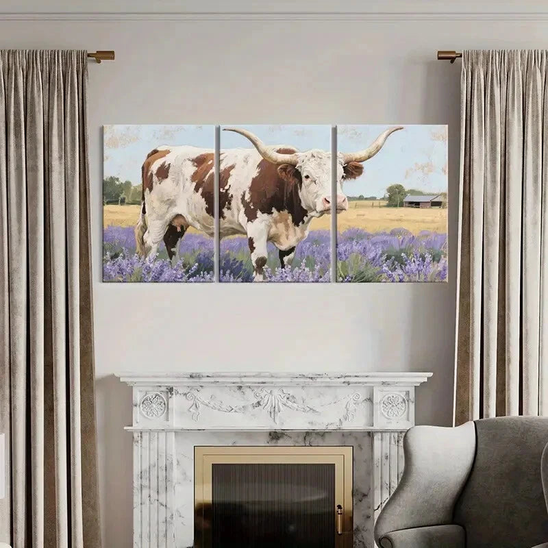 3pcs Pastoral Texas Longhorn Cow Purple Flowers Metal Print Ready to Hang Art - Bella Home Decor