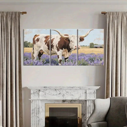 3pcs Pastoral Texas Longhorn Cow Purple Flowers Metal Print Ready to Hang Art - Bella Home Decor