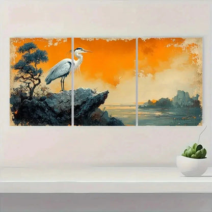 3pcs Heron Bird Animal Ukiyo e Style Japanese Metal Print Ready to Hang Art - Bella Home Decor