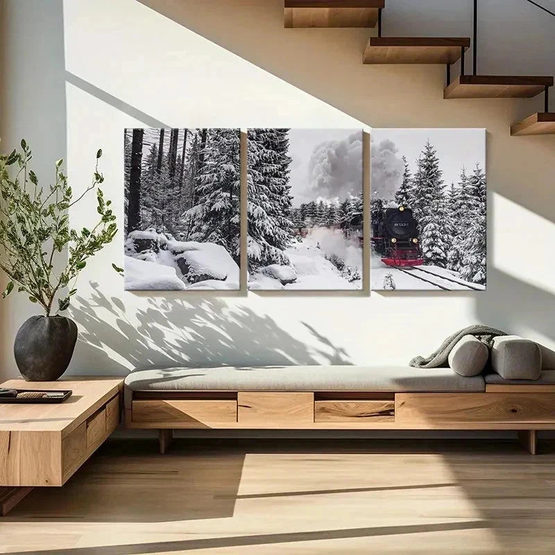 3pcs Forest Railway Snow Scene Steam Train Wall Art Set Canvas Framed 60x90cm - High Quality Print 100% Australian Made Wall Canvas Ready to Hang - Bella Home Decor