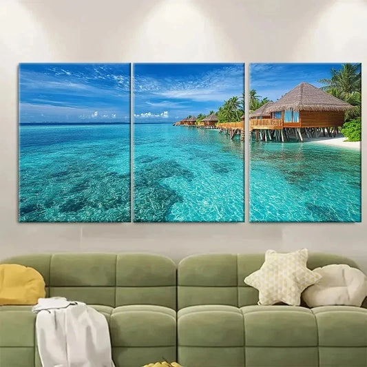 3pcs Villas Print Clear Water Skies F Wall Art Set Canvas Framed 50x70cm - High Quality Print 100% Australian Made Wall Canvas Ready to Hang