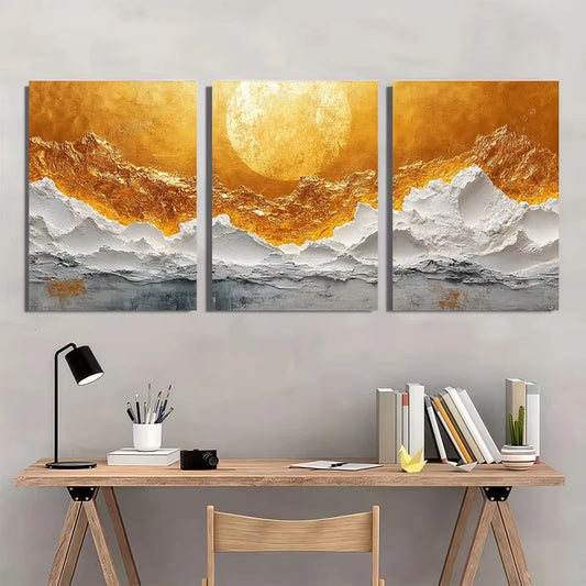 3pcs Golden Textured Abstract Design Metal Print Ready to Hang Art