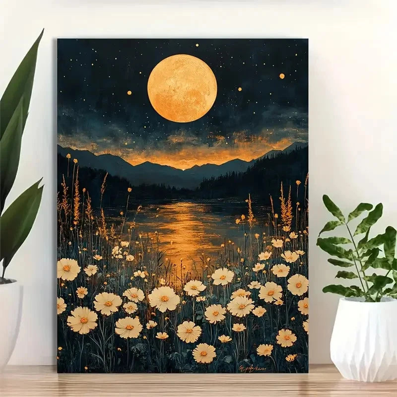 Beautiful Night Sky with White Wildflowers 40x60cm Metal Print Ready to Hang