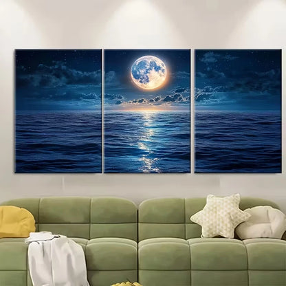 3pcs Full Moon Ocean Reflection Metal Print Ready to Hang Art - Bella Home Decor