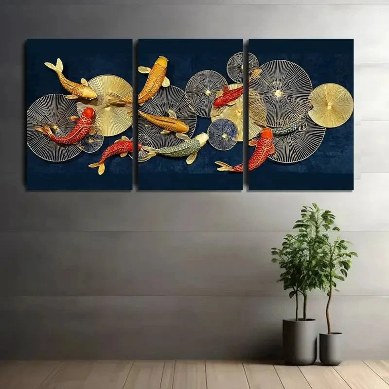 3pcs Golden Fish and for Lotus Leaves on Dark Blue Metal Print Ready to Hang Art - Bella Home Decor