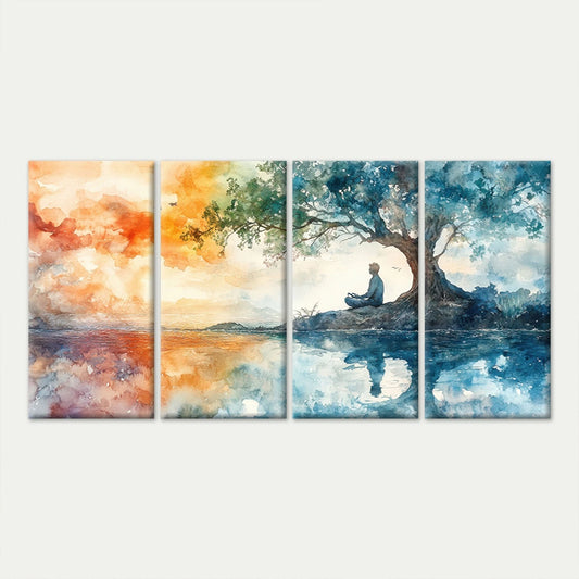 4pcs Meditating Under Tree Watercolour Wall Art Canvas Framed 45x80cm - High Quality Print 100% Australian Made Wall Canvas Ready to Hang