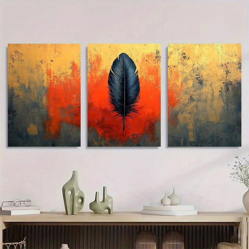 3pcs Red & Orange Feather Design Boho Metal Print Ready to Hang Art - Bella Home Decor