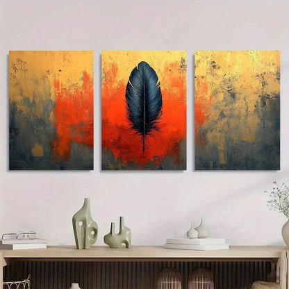 3pcs Red & Orange Feather Design Boho Metal Print Ready to Hang Art - Bella Home Decor