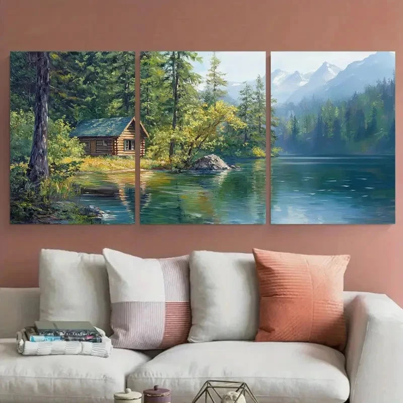 3pcs Lake Quinault Forest Lake Cabin Landscape Metal Print Ready to Hang Art - Bella Home Decor