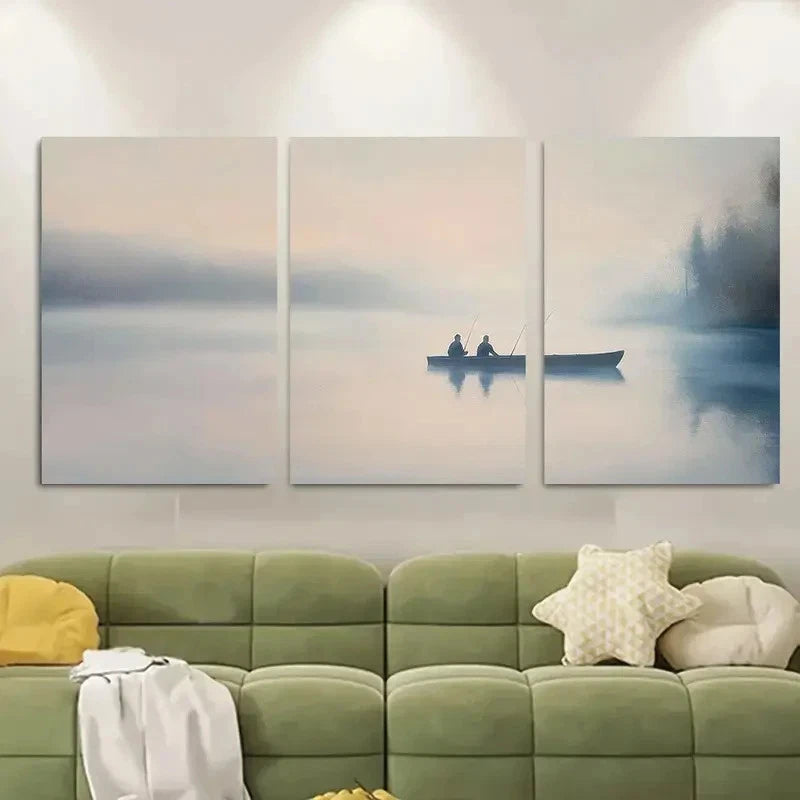 3pcs Serene Fishing Scene at Dawn Metal Print Ready to Hang Art