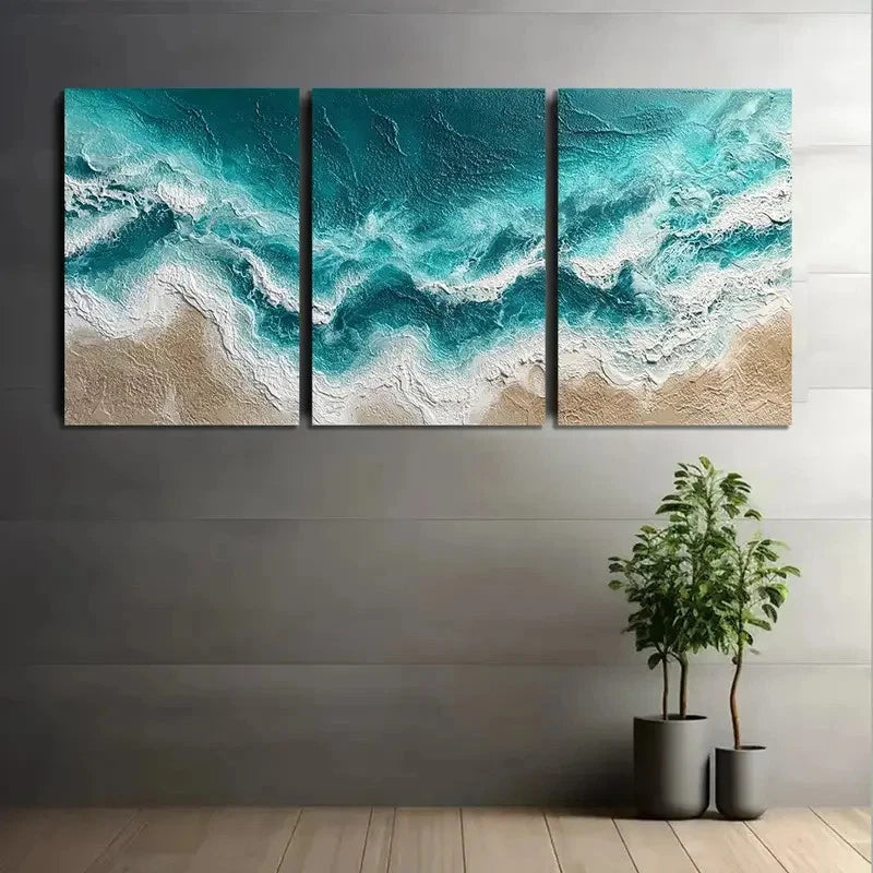 3pcs Ocean Waves Rendered In Hyper Wall Art Set Canvas Framed 40x60cm - High Quality Print 100% Australian Made Wall Canvas Ready to Hang