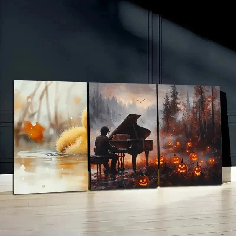 3pcs Set of three Spooky Ghoul Playing Piano Wall Art Set Canvas Framed 60x90cm - High Quality Print 100% Australian Made Wall Canvas Ready to Hang