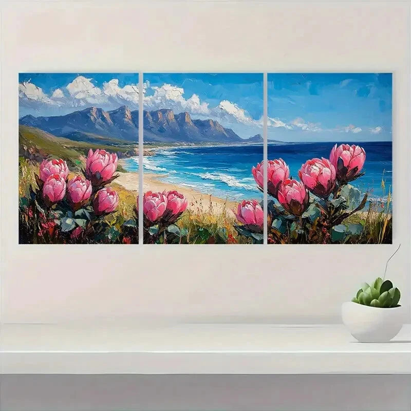 3pcs Vibrant Protea Flowers & Beach Scene Metal Print Ready to Hang Art - Bella Home Decor