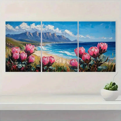 3pcs Vibrant Protea Flowers & Beach Scene Metal Print Ready to Hang Art - Bella Home Decor