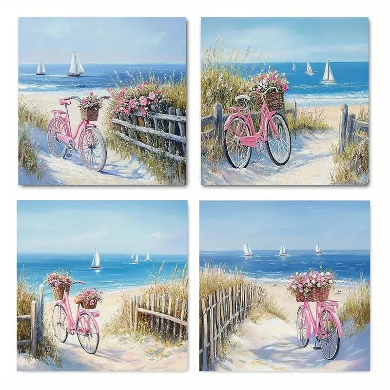 4pcsPink Bicycle Wall Art Canvas Framed