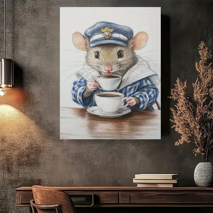Beautiful Cozy Mouse Tea Time Vintage Painting 40x60cm Metal Print Ready to Hang - Bella Home Decor