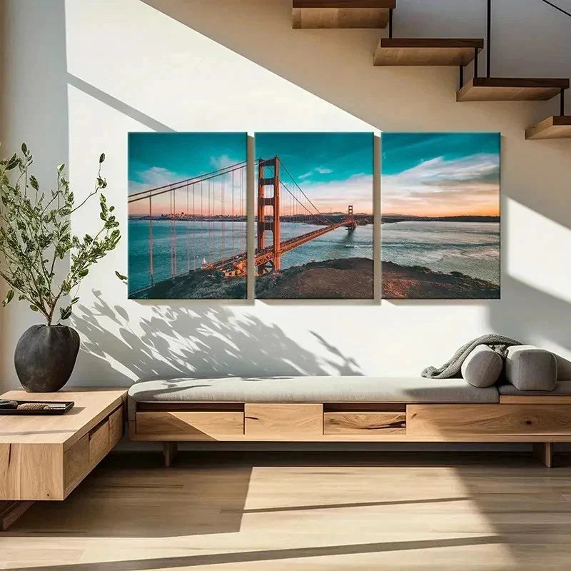 3pcs Golden Gate Bridge Iconic Architecture Wall Art Set Canvas Framed 50x70cm - High Quality Print 100% Australian Made Wall Canvas Ready to Hang - Bella Home Decor