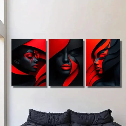 3pcs Geometric Red Makeup Poster Black and Red Wall Art Canvas Unframed - High Quality Print 100% Australian Made Wall Canvas - Bella Home Decor
