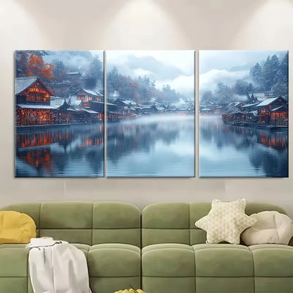 3pcs Misty Riverside Town Metal Print Ready to Hang Art