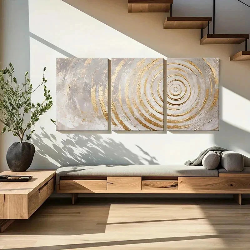 3pcs Abstract Art Golden Spirals Metallic Accents Metal Print Ready to Hang Art - Bella Home Decor