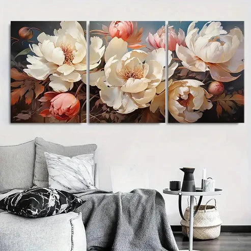 3pcs Elegant White Peony Bouquet  Wall Art Set Canvas Unframed - High Quality Print 100% Australian Made Wall Canvas