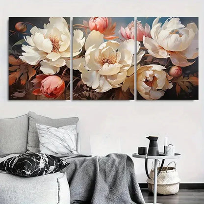 3pcs Elegant White Peony Bouquet  Wall Art Set Canvas Unframed - High Quality Print 100% Australian Made Wall Canvas