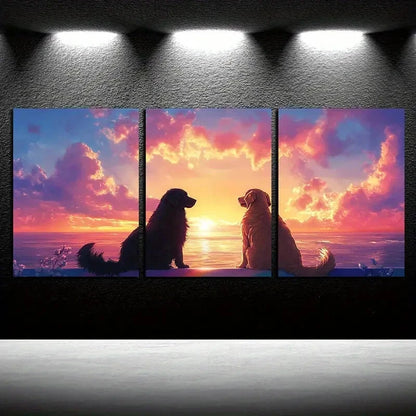 3pcs Two Dogs Sit on The Edge of Rainbow Bridge Metal Print Ready to Hang Art - Bella Home Decor