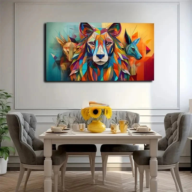 Vibrant Geometric Lion Wall Art Canvas Office Home Room Framed 120x60cm