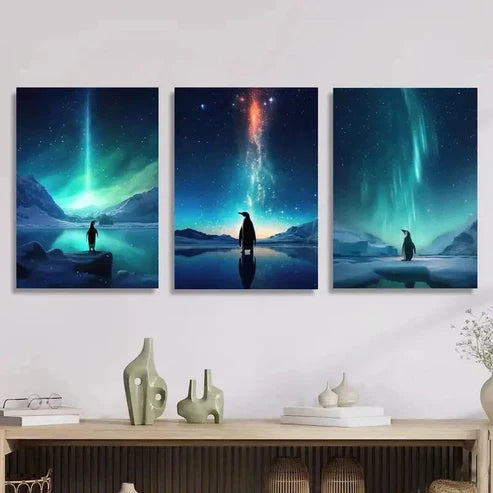 3pcs Penguins Aurora Borealis Wall Art Set Canvas Unframed - High Quality Print 100% Australian Made Wall Canvas