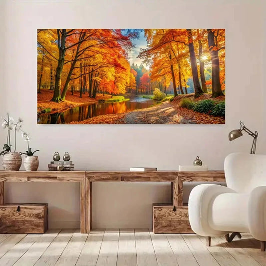 Vibrant Multicolor Trees River Wall Art Canvas Office Home Room Framed 120x60cm