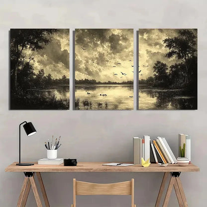 3pcs Vintage Birds by Pond Rustic Nature Metal Print Ready to Hang Art - Bella Home Decor