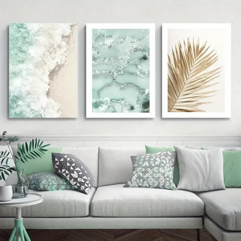 3pcs Abstract Green Marble & Golden Palm Leaf Metal Print Ready to Hang Art