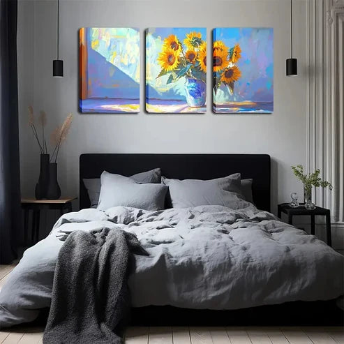 3pcs Yellow Sunflowers Placed in a Vase Perfect Wall Art Canvas Unframed - High Quality Print 100% Australian Made Wall Canvas