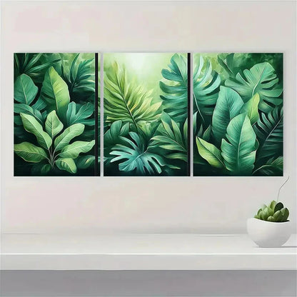 3pcs Pastel Green Tropical Leaves Illustrations Metal Print Ready to Hang Art - Bella Home Decor