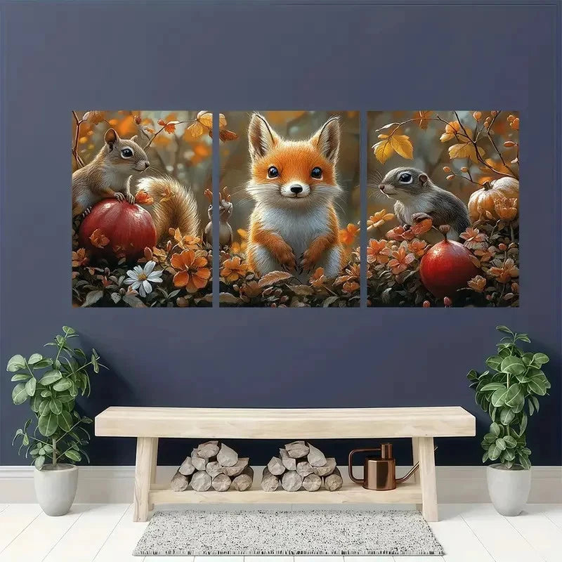 3pcs Animal Convention Fox Birds Squirrel Metal Print Ready to Hang Art - Bella Home Decor