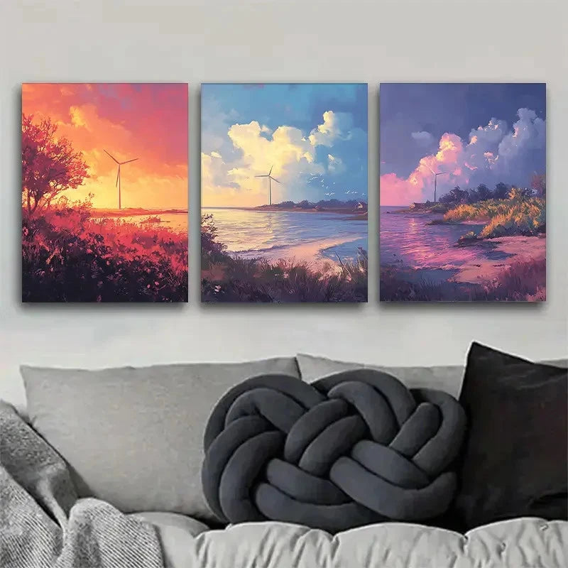 3pcs Wind Turbine Coastal Landscape Art Metal Print Ready to Hang Art - Bella Home Decor