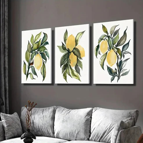 3pcs Vibrant Yellow Lemons with Green Leaves Wall Art Set Canvas Unframed - High Quality Print 100% Australian Made Wall Canvas