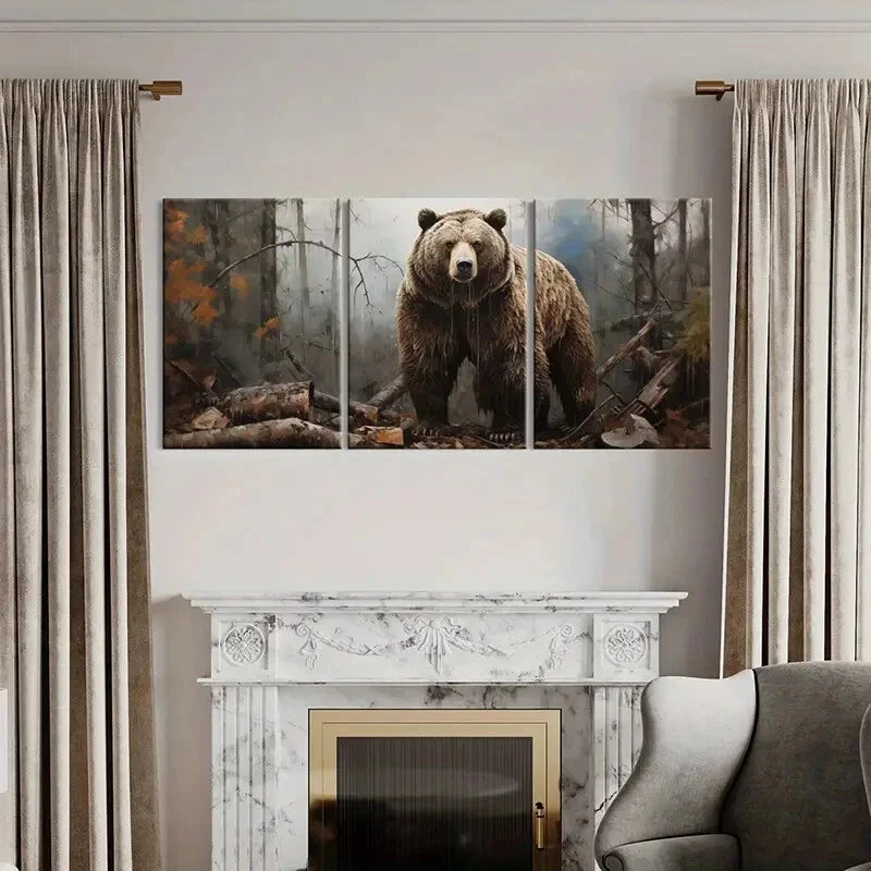 3pcs Artistic Bear Forest Scene Wildlife Decor Metal Print Ready to Hang Art - Bella Home Decor