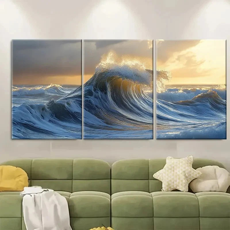 3pcs Waves Abstract Art Print Turbulent Sea RT  Wall Art Set Canvas Framed 60x90cm - High Quality Print 100% Australian Made Wall Canvas Ready to Hang