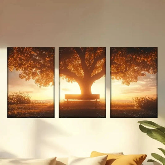 3pcs Bench Under a Tree in a Field Wall Art Set Canvas Framed 60x90cm - High Quality Print 100% Australian Made Wall Canvas Ready to Hang
