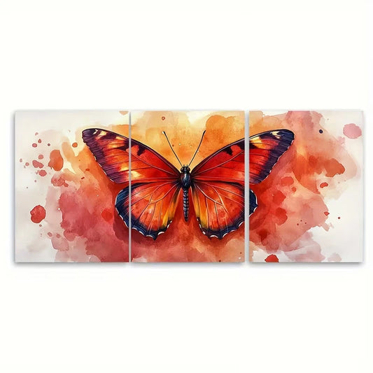 3pcs Vibrant Butterfly Watercolor Red Orange Hues Metal Print Ready to Hang Art