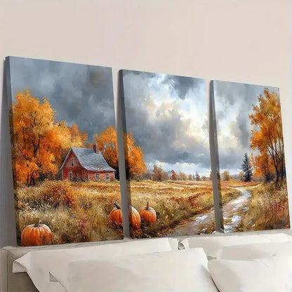 3pcs Red House & Pumpkins Wall Art Canvas Unframed – High Quality Print 100% Australian Made Wall Canvas - Bella Home Decor