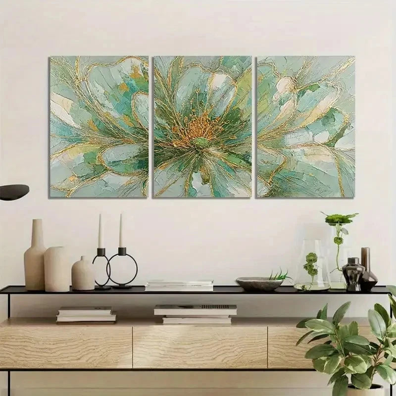 3pcs Flower with Light Green-Golden and Golden Metal Print Ready to Hang Art - Bella Home Decor