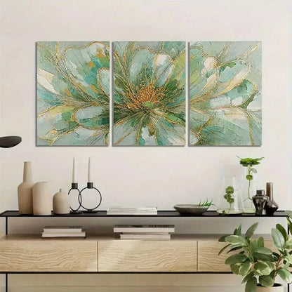 3pcs Flower with Light Green-Golden and Golden Metal Print Ready to Hang Art - Bella Home Decor