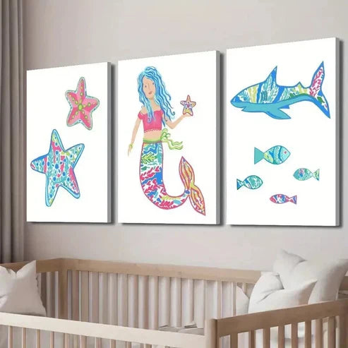 3pcs Cartoon Starfish Mermaid & Shark Wall Art Set Canvas Unframed - High Quality Print 100% Australian Made Wall Canvas - Bella Home Decor